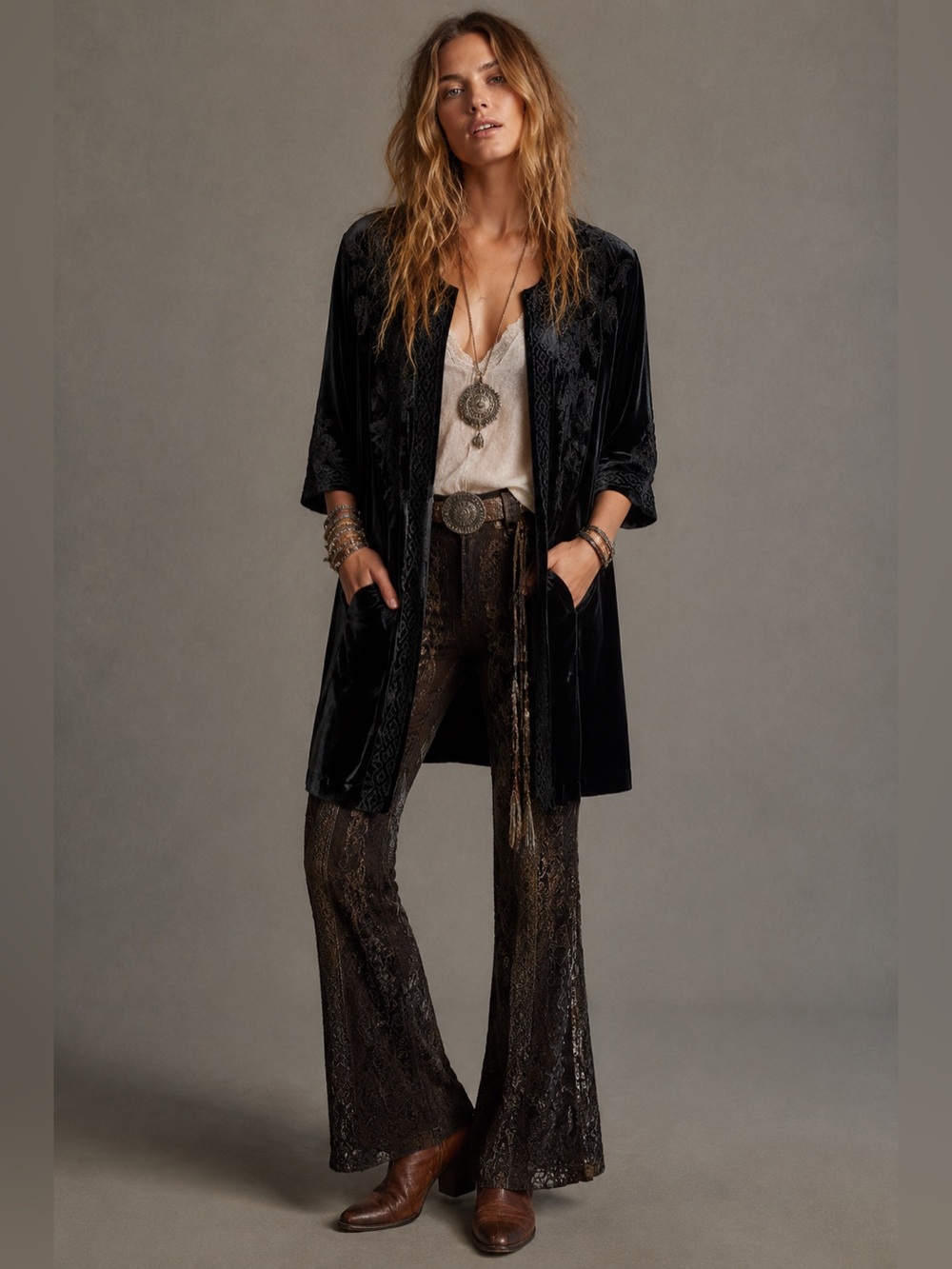 Johnny Was Black Velvet Embroidered Open Kimono Duster X-Small Gypsy